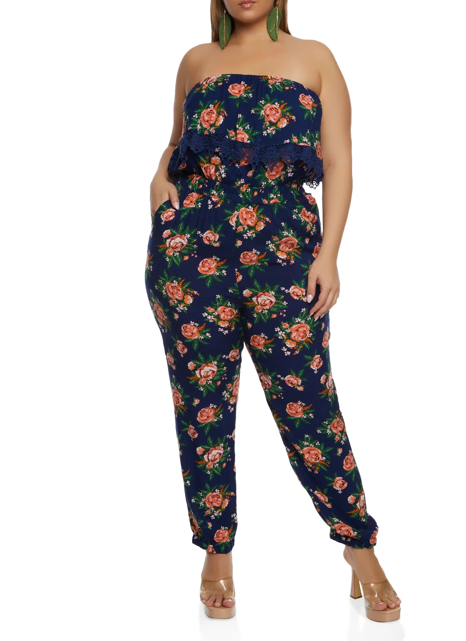 Plus Size Floral Print Crochet Detail Strapless Jumpsuit sold by Rainbow product image thumbnail 2