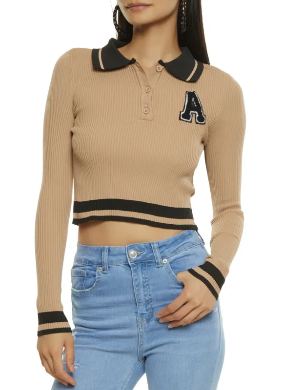 Chenille Graphic Patch Cropped Polo Sweater sold by Rainbow
