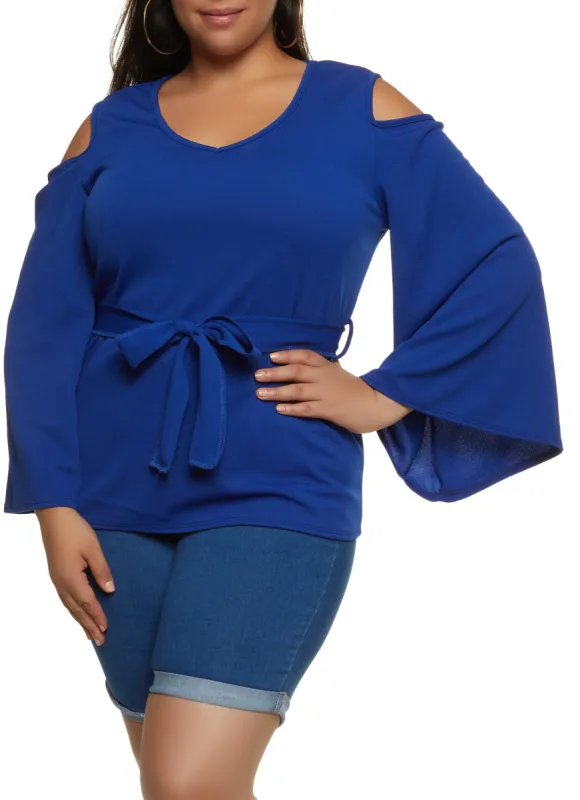 Plus Size Tie Waist Belted Cold Shoulder Blouse sold by Rainbow
