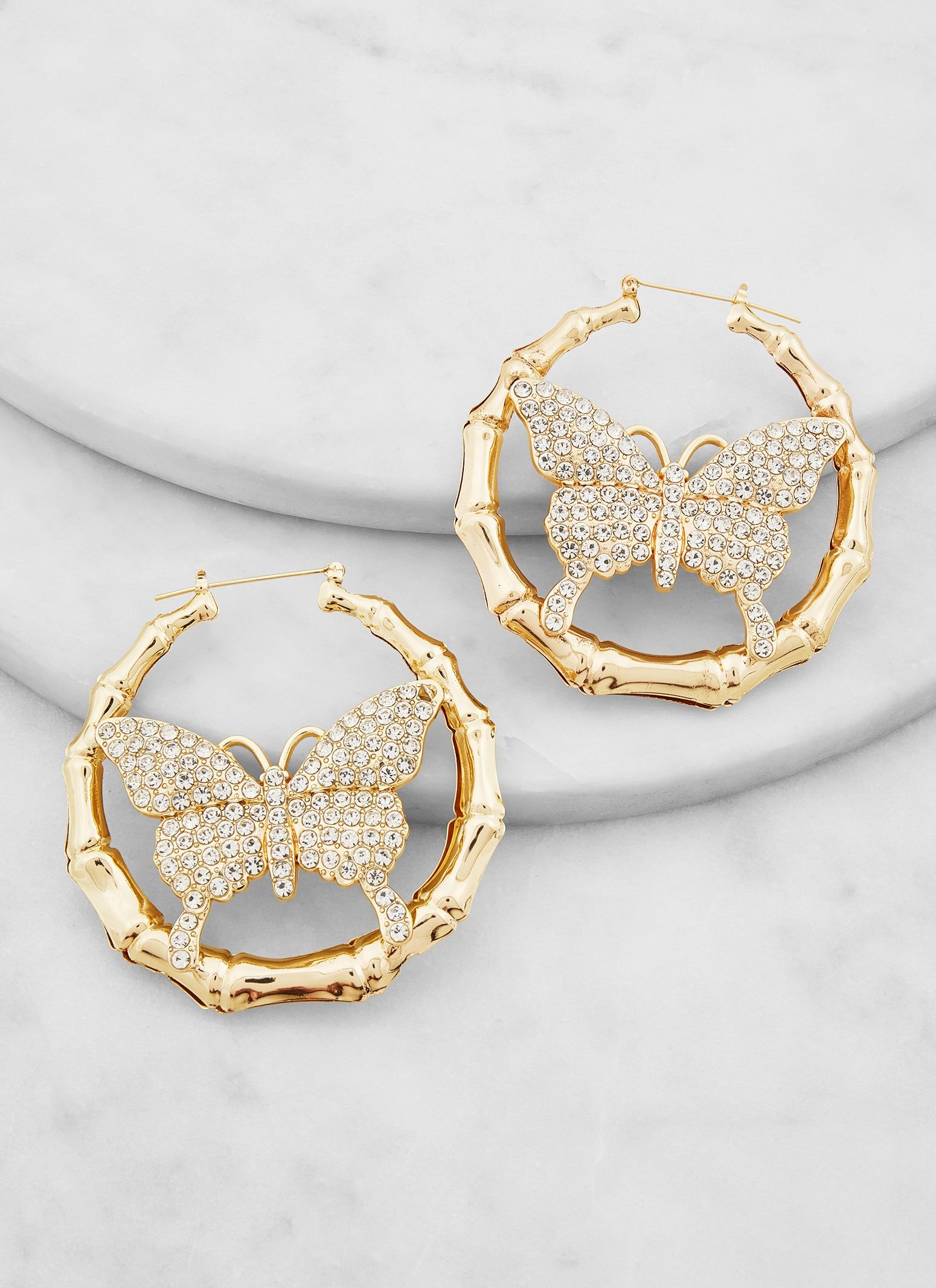 Butterfly Rhinestone Metallic Bamboo Hoop Earrings sold by Rainbow product image thumbnail 3