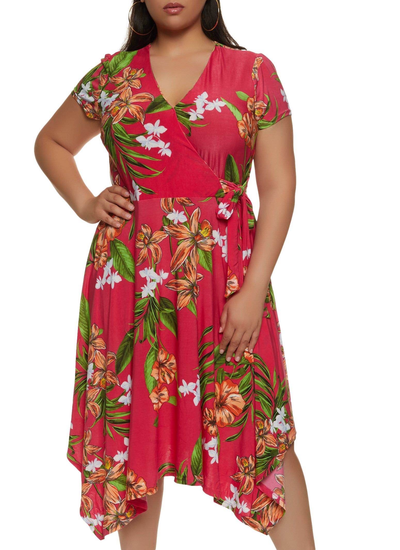 Plus Size Tropical Print Tie Waist Wrap Dress sold by Rainbow