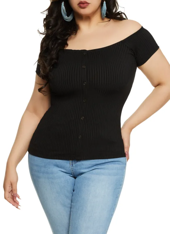 Plus Size Rib Knit Button Detail Off the Shoulder Top sold by Rainbow
