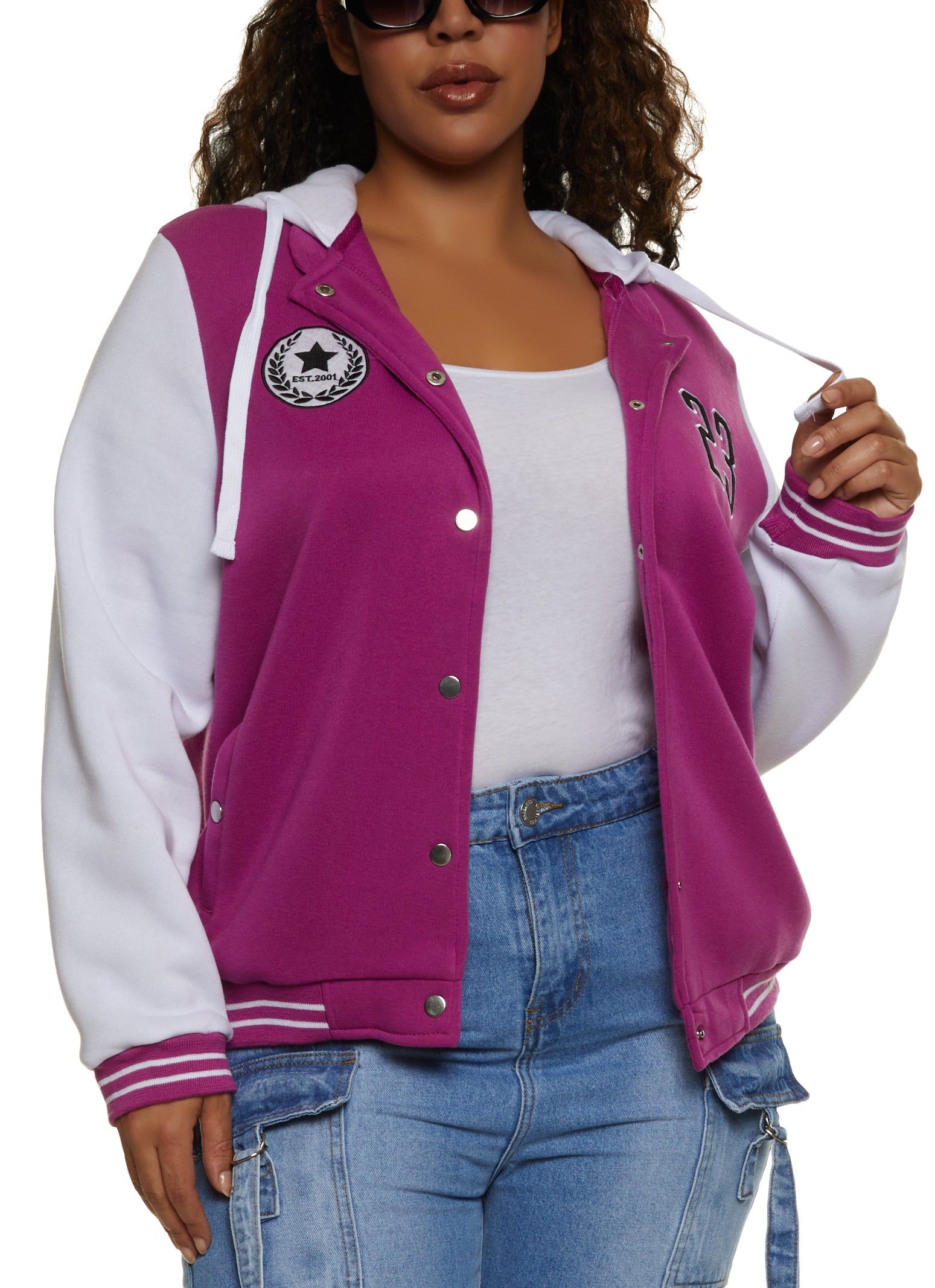Plus Size 23 Patch Graphic Hooded Baseball Jacket sold by Rainbow
