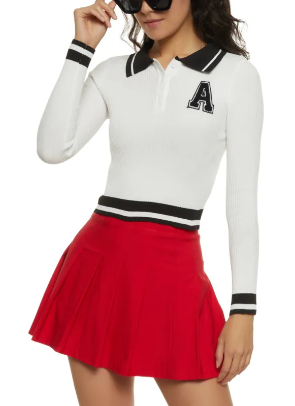 Chenille Graphic Patch Cropped Polo Sweater sold by Rainbow