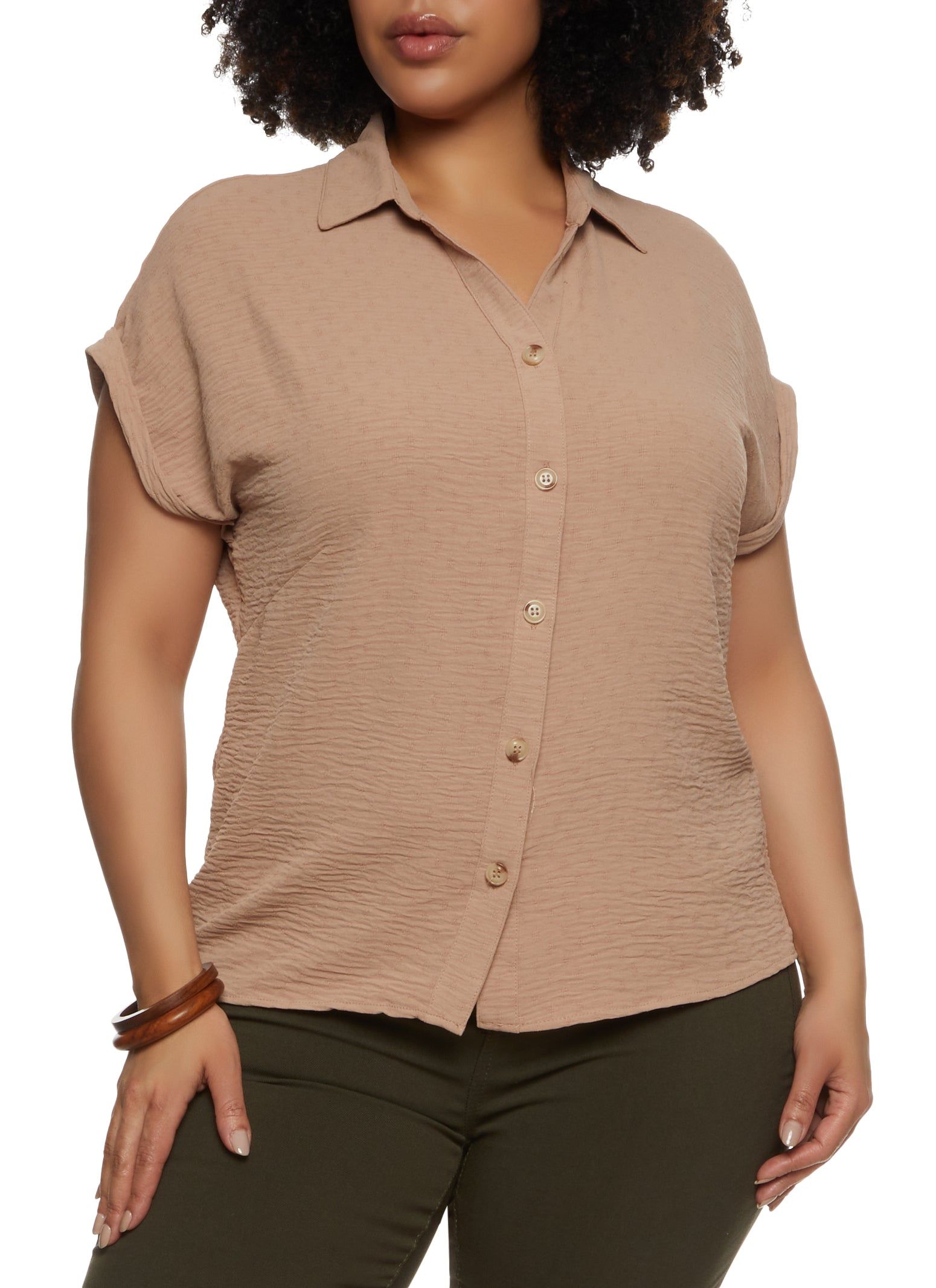 Plus Size Crepe Knit Button Front Shirt sold by Rainbow