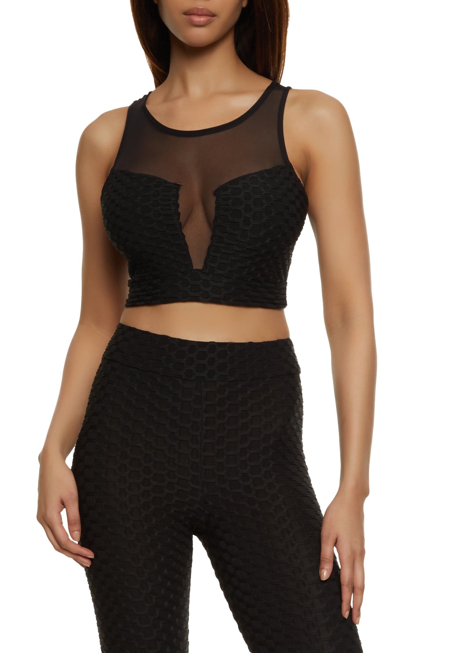 Mesh Insert Textured Knit Active Crop Top sold by Rainbow