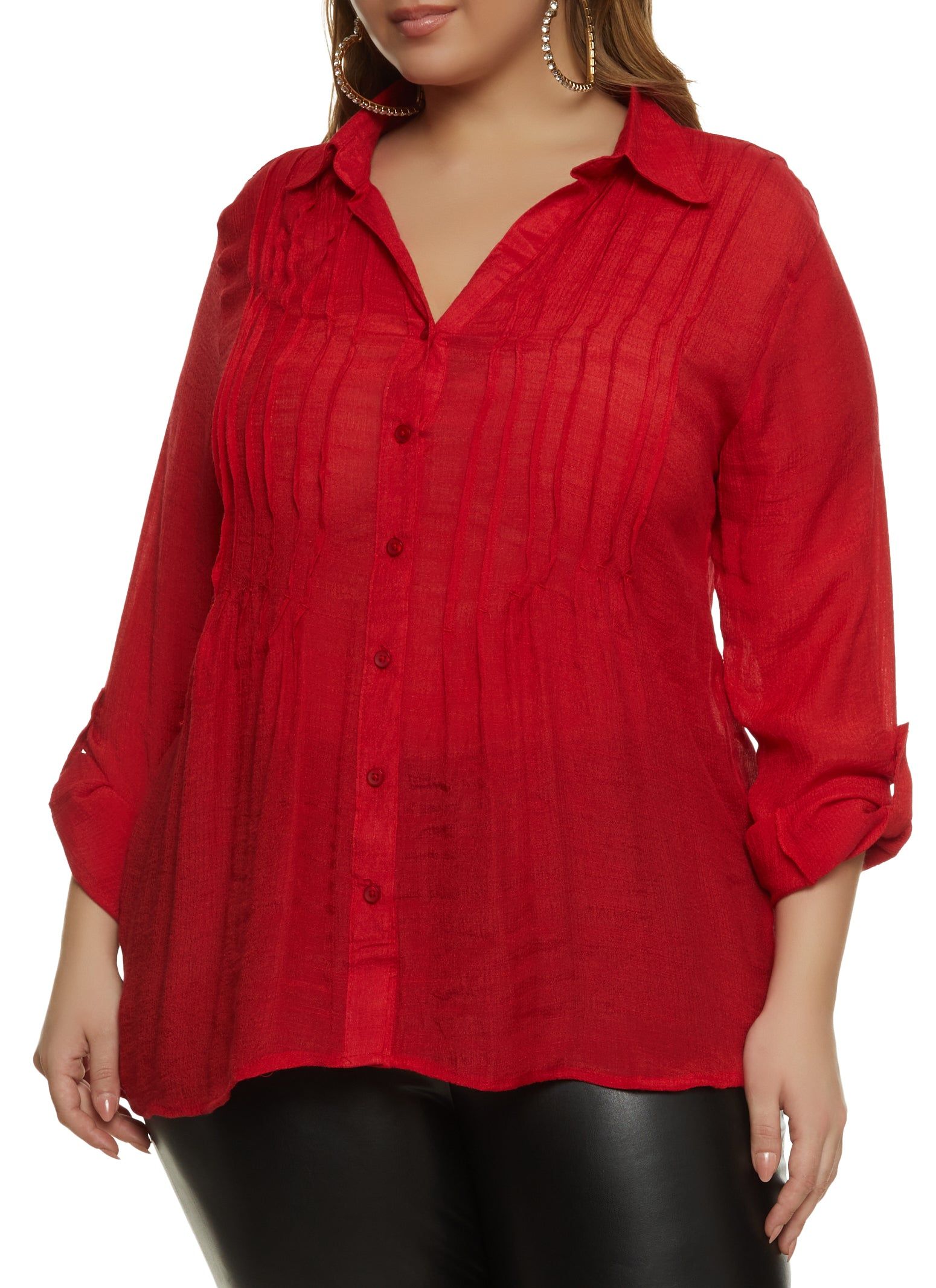 Plus Size Pintuck Button Down Gauze Shirt sold by Rainbow