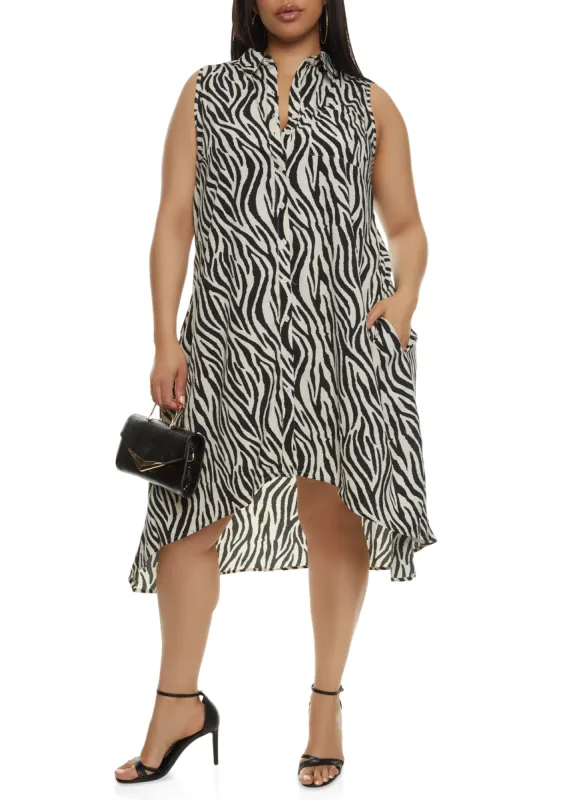 Plus Size Zebra Print Sleeveless Button Front Shirt Dress sold by Rainbow