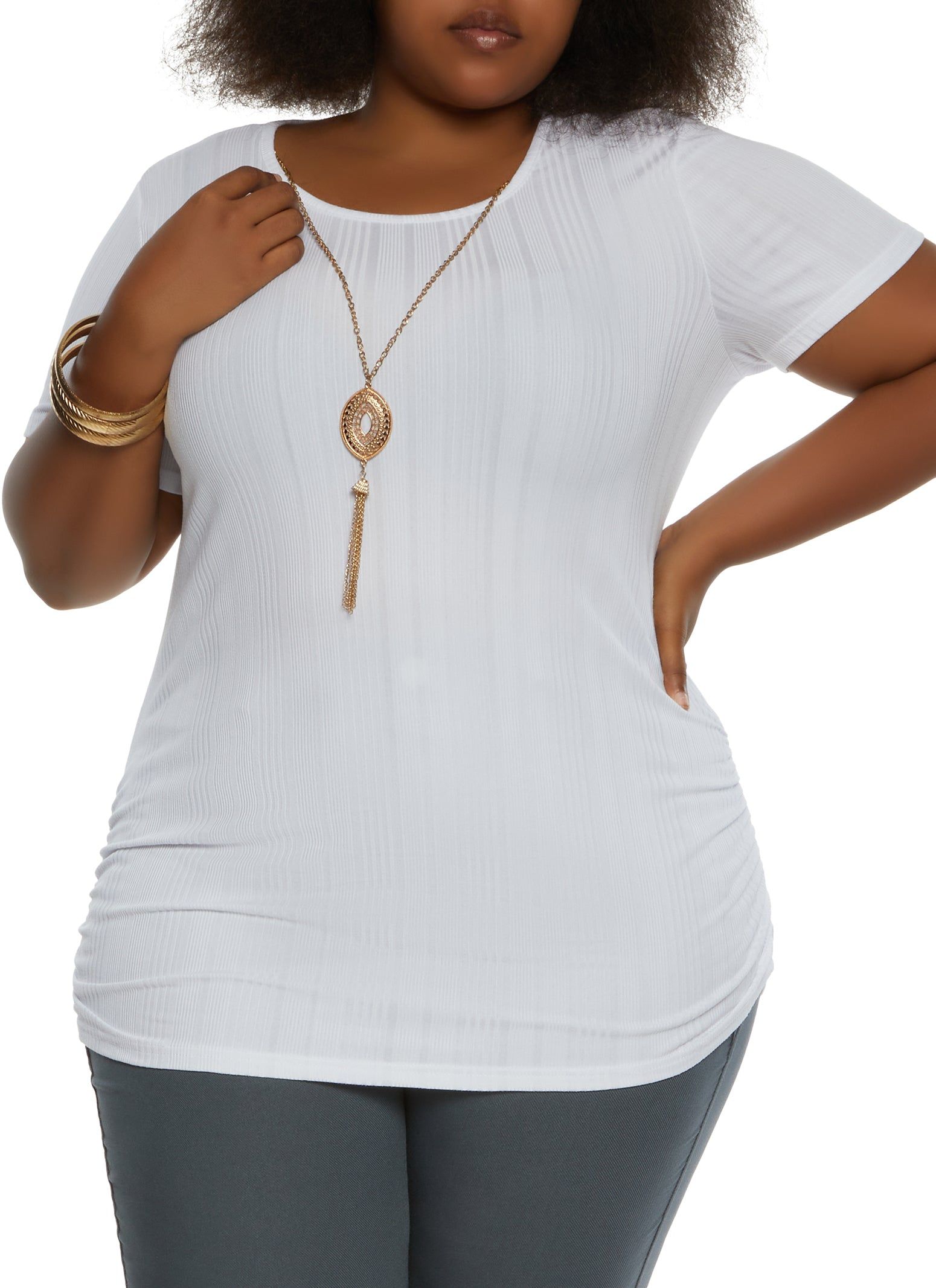 Plus Size Rib Knit Ruched Side Top with Necklace sold by Rainbow