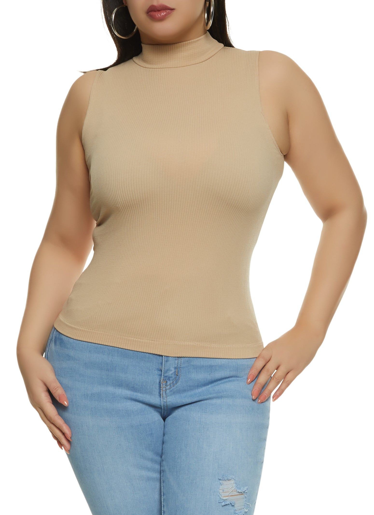 Plus Size Rib Knit Seamless Mock Neck Tank Top sold by Rainbow