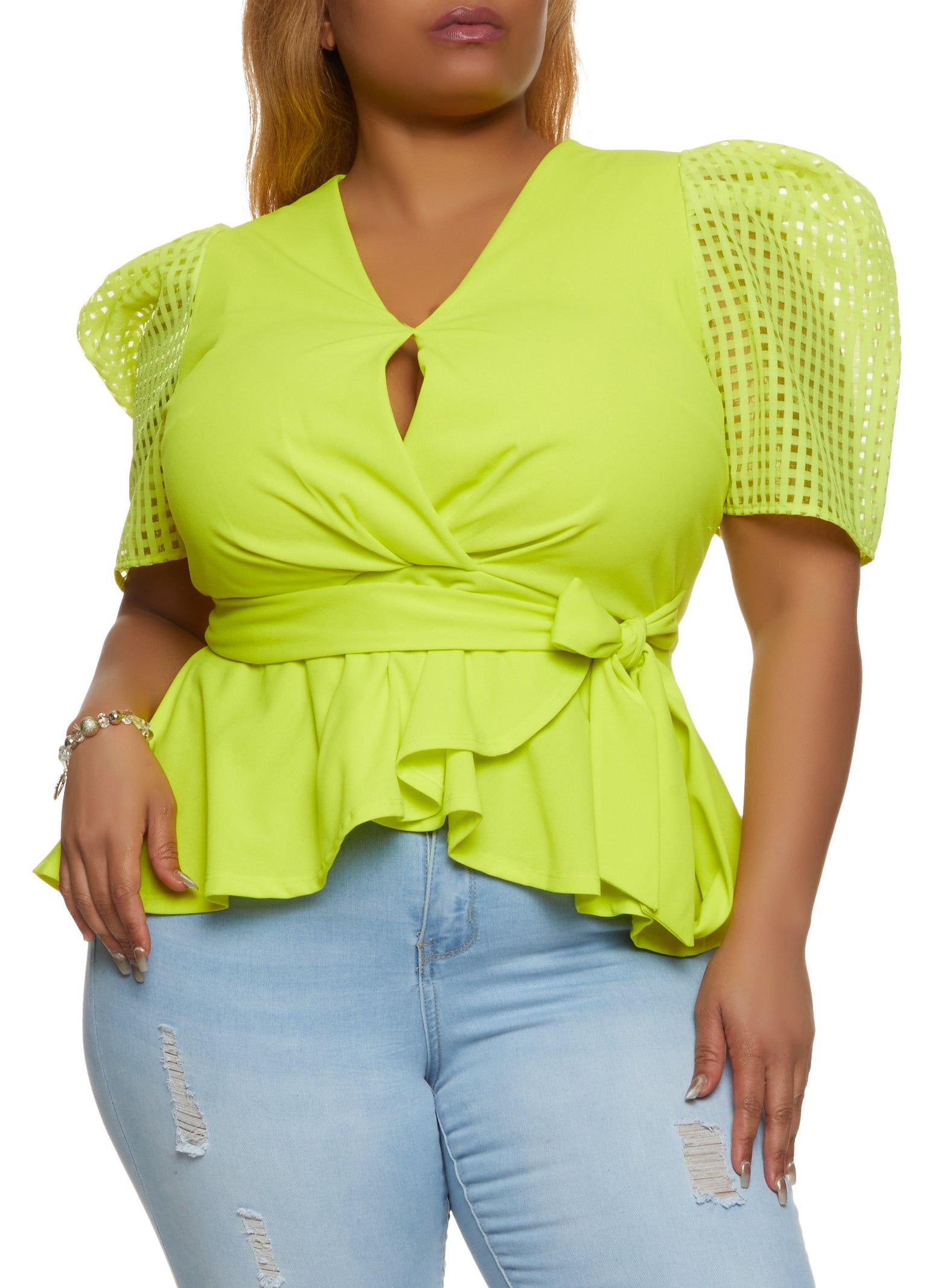Plus Size Puff Sleeve Tie Waist Peplum Top sold by Rainbow