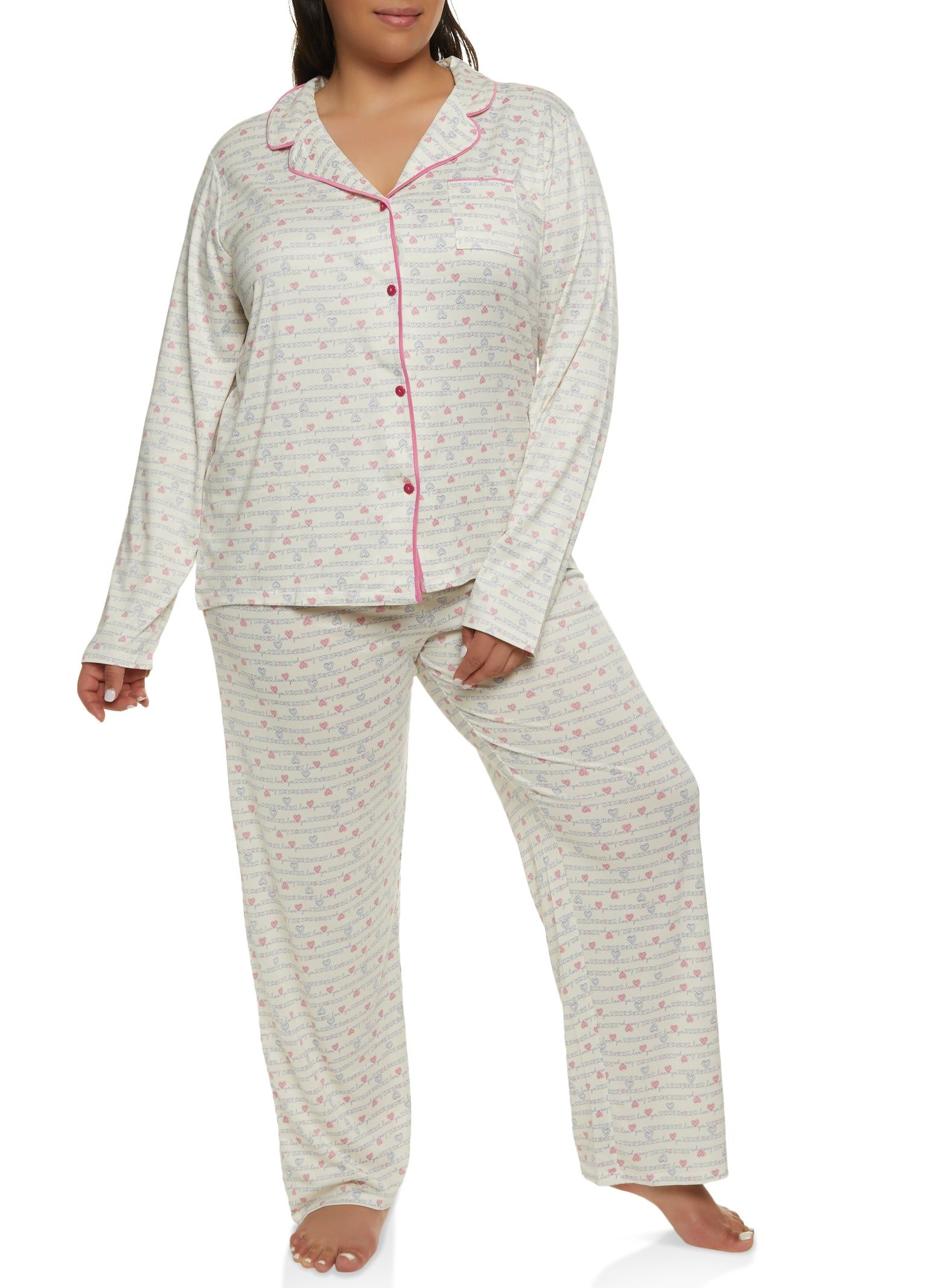 Plus Size Heart Printed Long Sleeve Pajama Shirt and Pants sold by Rainbow