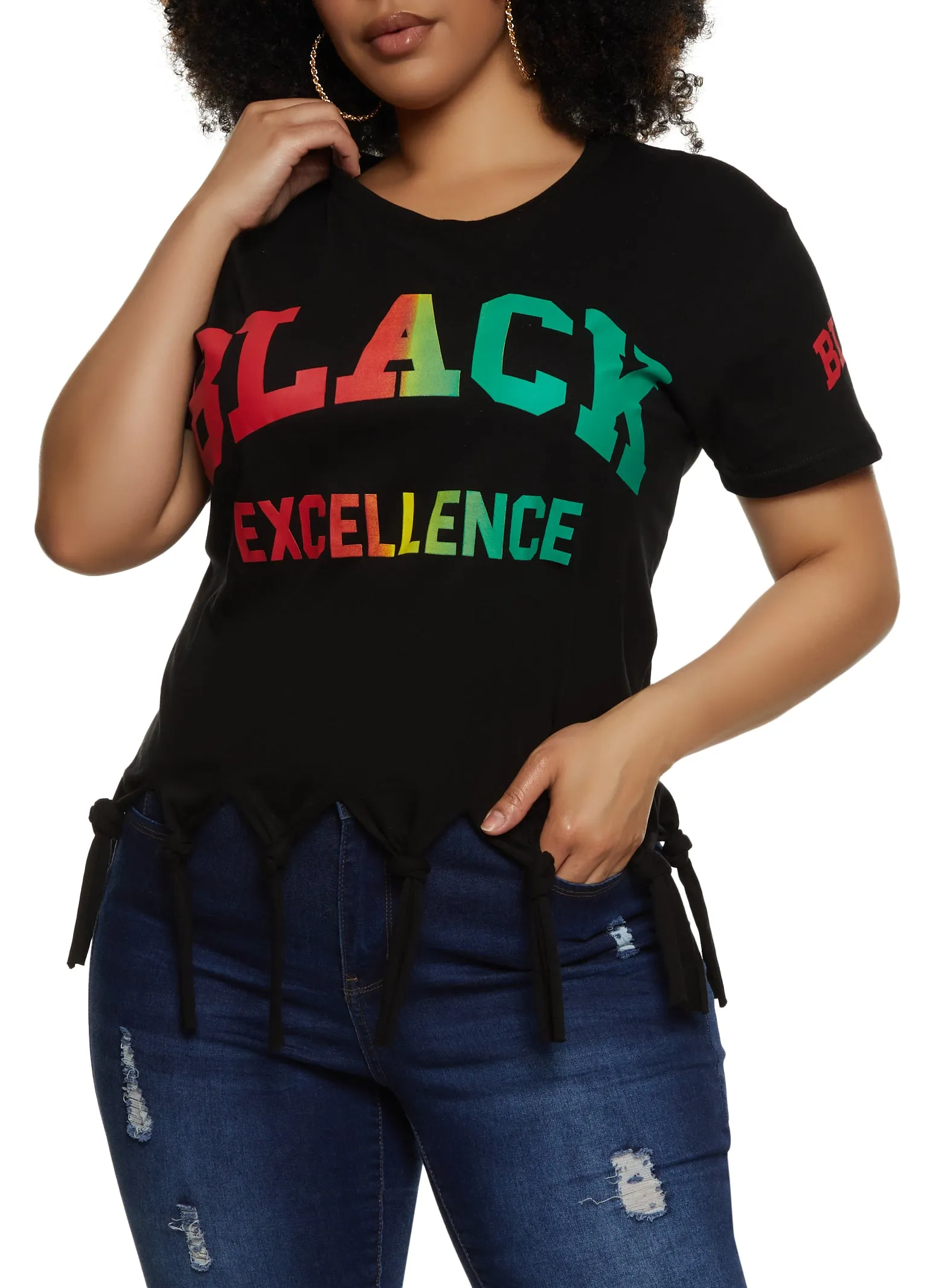 Plus Size Black Excellence Knot Fringe Tee sold by Rainbow