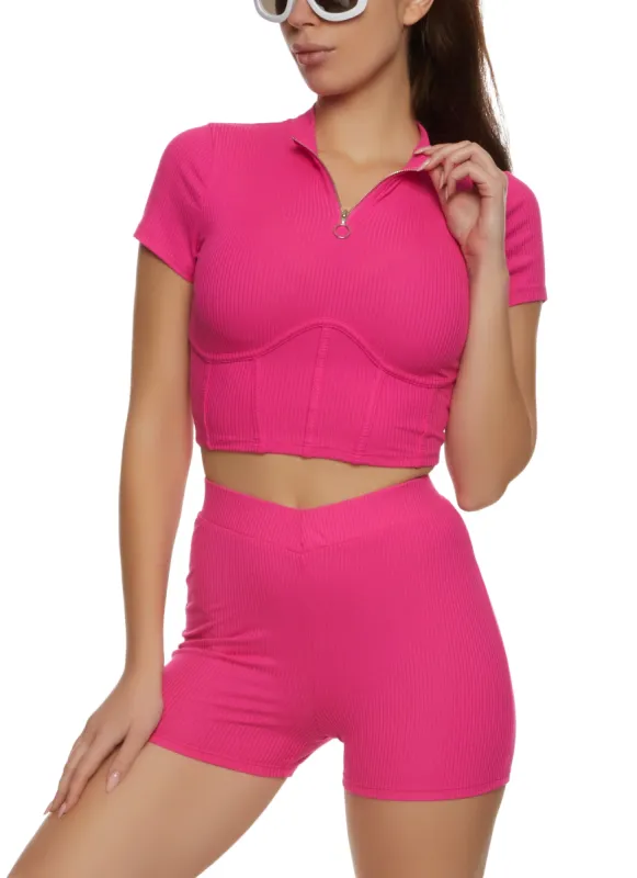 Ribbed Zip Neck Corset Detail Crop Top sold by Rainbow