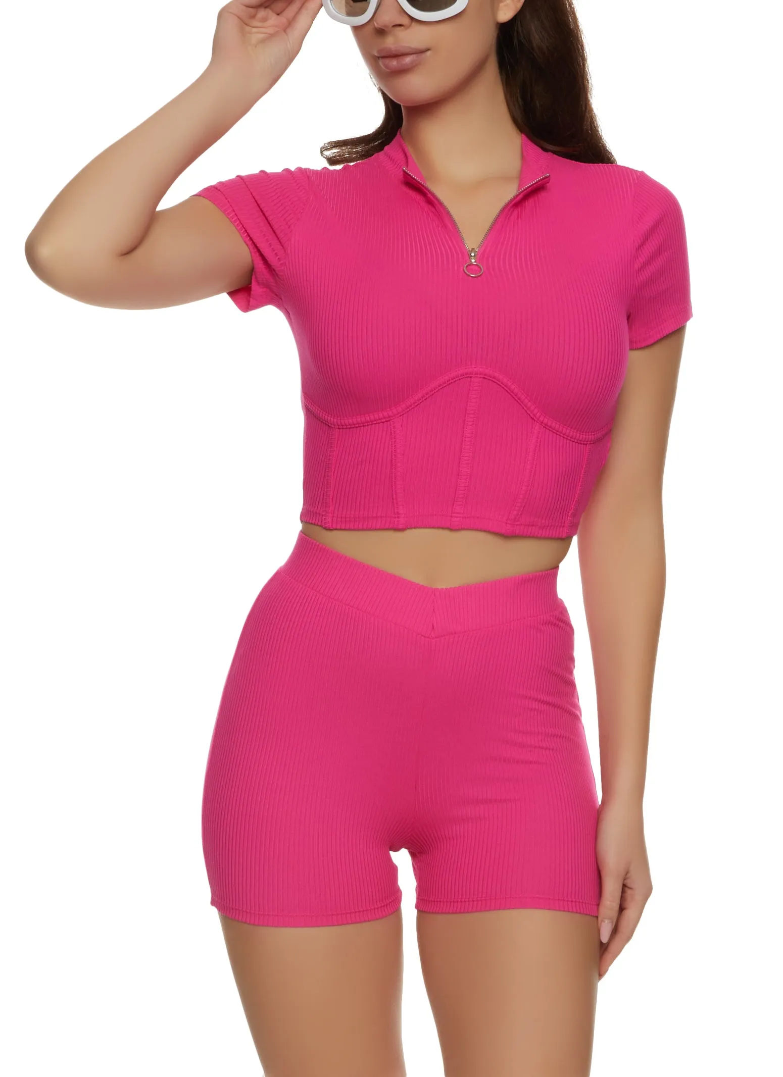 Ribbed Zip Neck Corset Detail Crop Top sold by Rainbow product image thumbnail 2