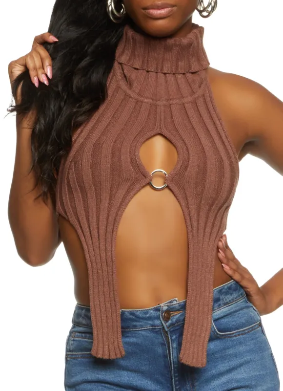 Rib Knit Turtleneck Keyhole Halter Top sold by Rainbow