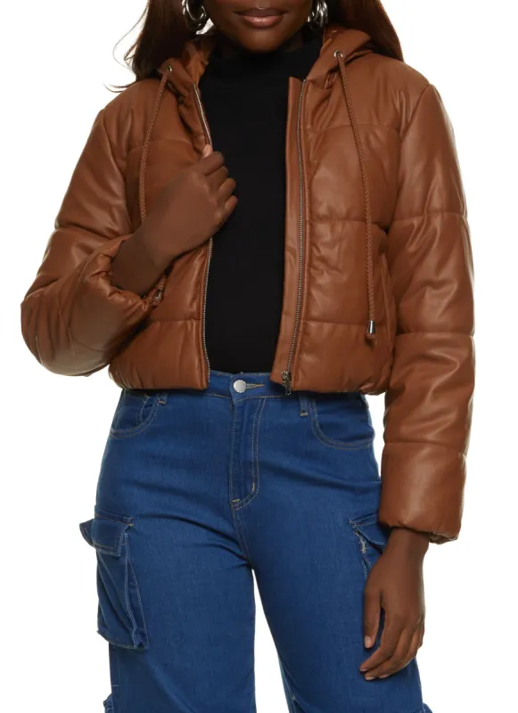 Faux Leather Hooded Drawstring Hem Puffer Jacket sold by Rainbow