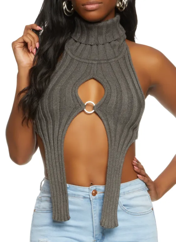Rib Knit Turtleneck Keyhole Halter Top sold by Rainbow
