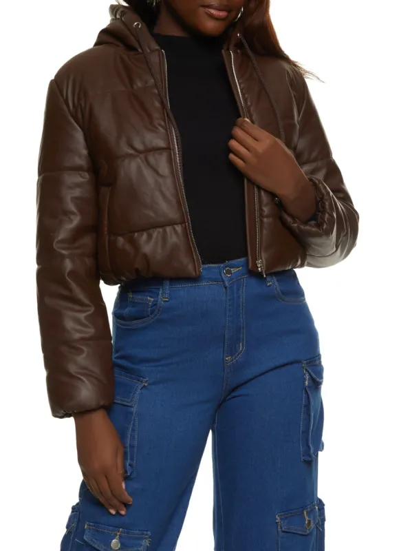 Faux Leather Hooded Drawstring Hem Puffer Jacket sold by Rainbow