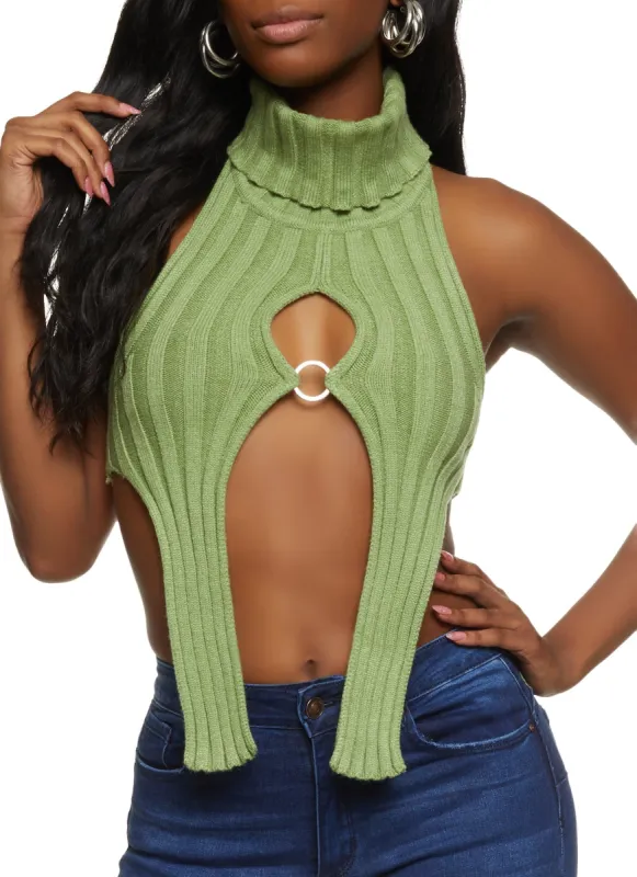 Rib Knit Turtleneck Keyhole Halter Top sold by Rainbow
