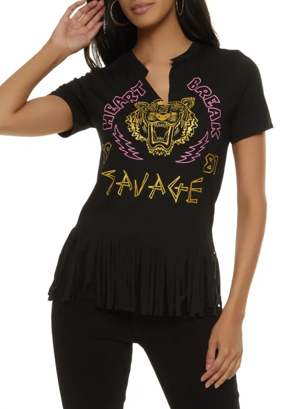 Heartbreak Savage Fringe Hem Foil Graphic Tee sold by Rainbow