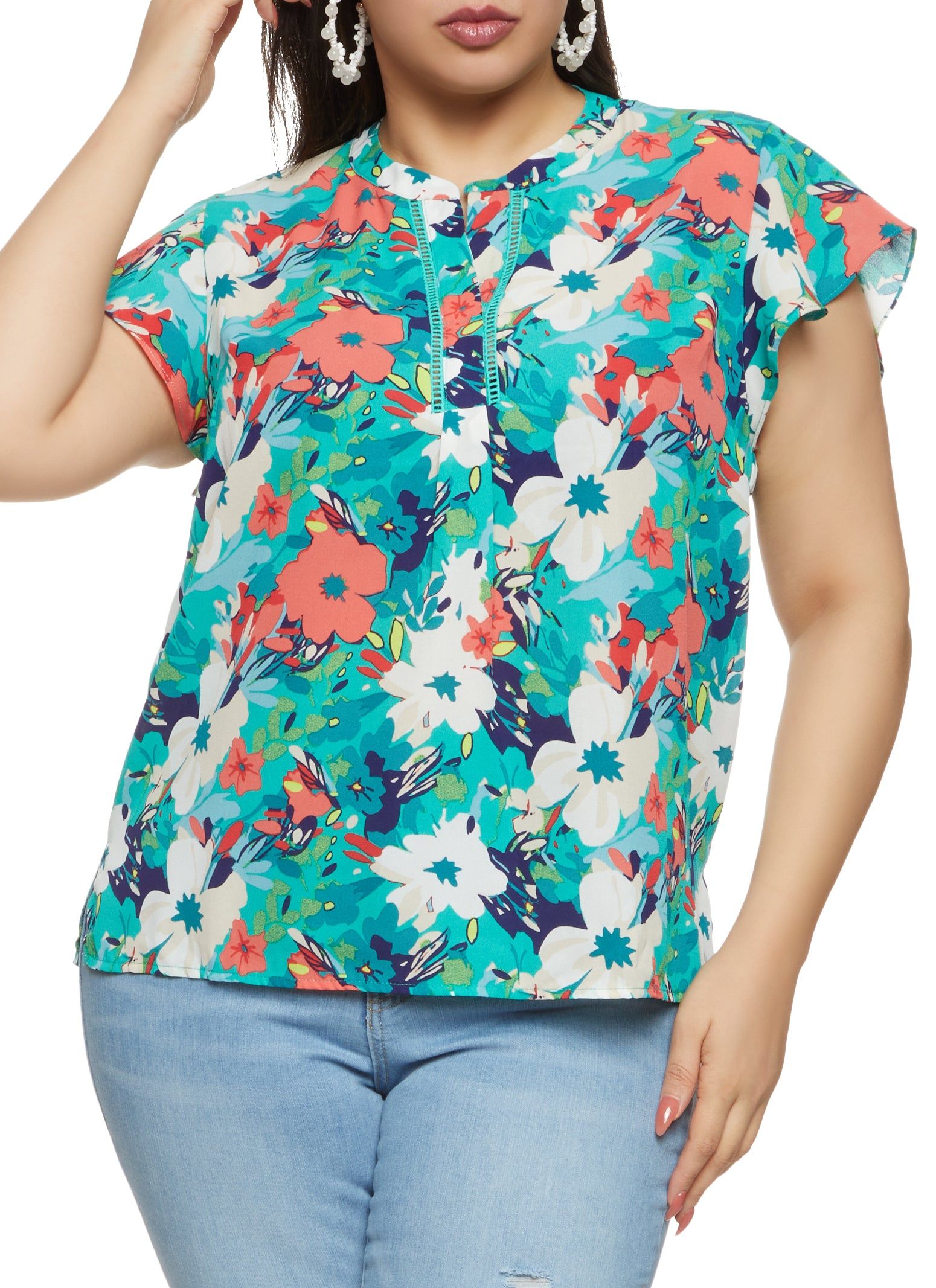 Plus Size Printed Crochet Detail Blouse sold by Rainbow