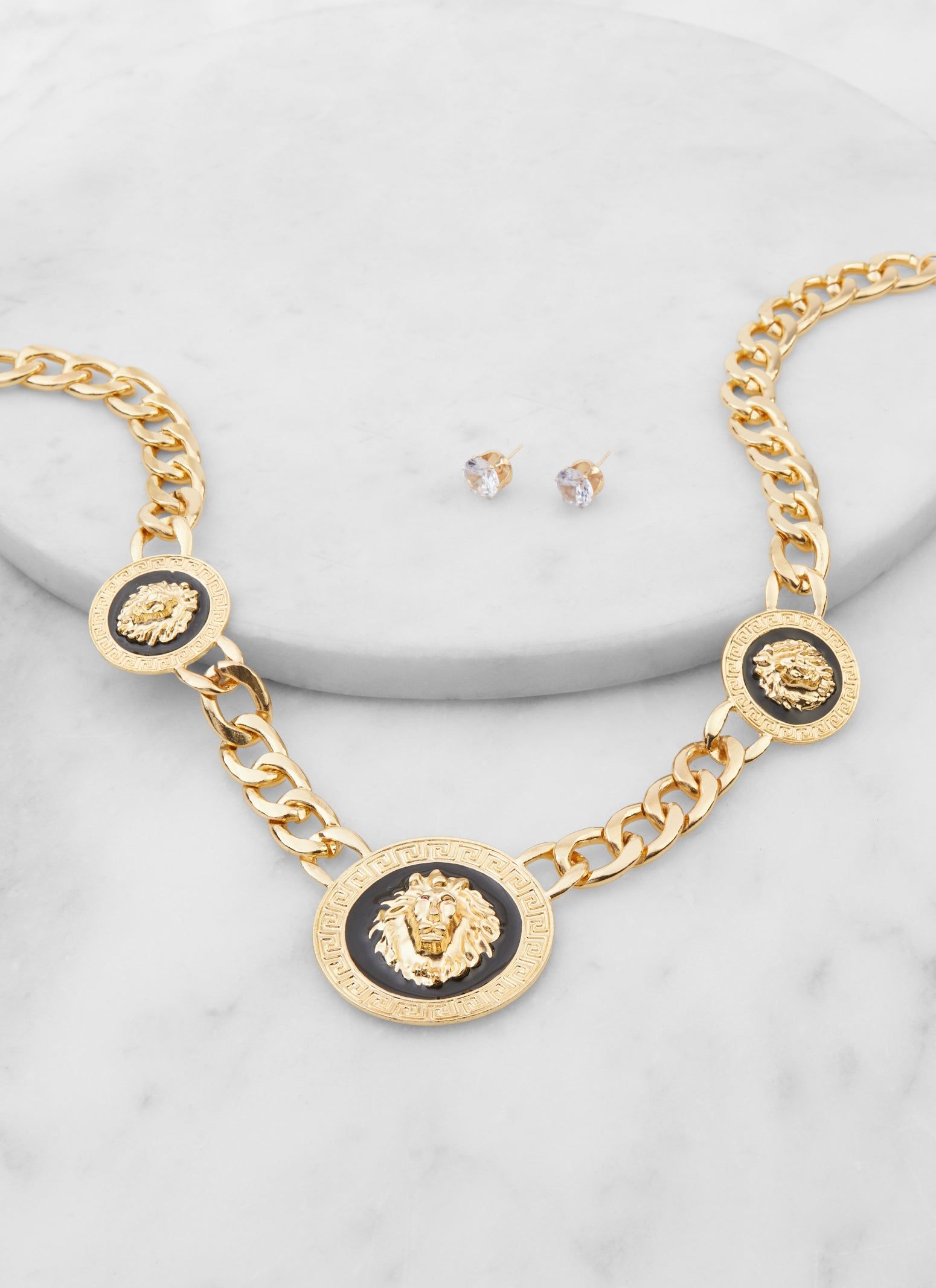 Lion Medallion Curb Chain Necklace and Cubic Zirconia Stud Earrings sold by Rainbow product image thumbnail 2