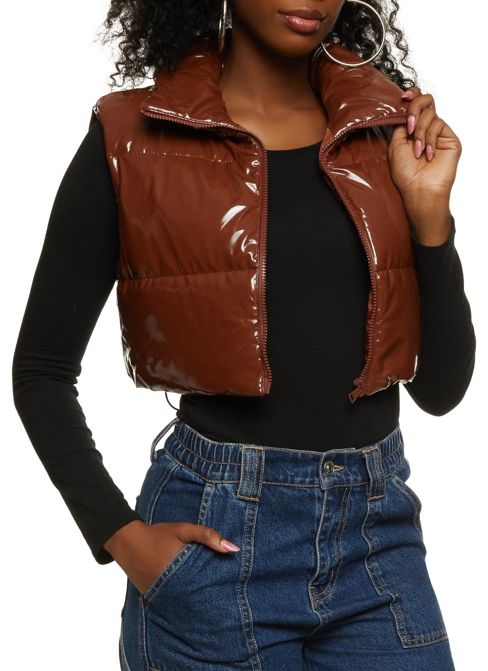 Faux Patent Leather Cropped Puffer Vest sold by Rainbow
