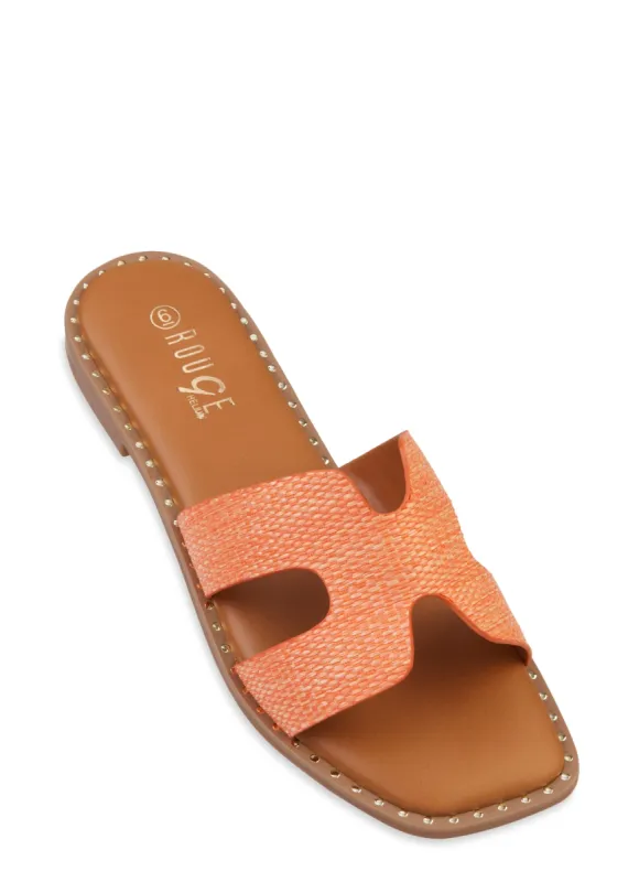 Studded Trim Straw Cut Out Band Slide Sandals sold by Rainbow