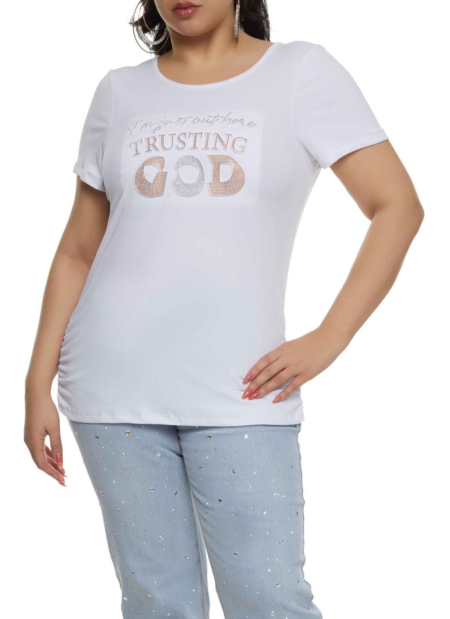 Plus Size Trusting God Rhinestone Embossed Graphic Tee sold by Rainbow