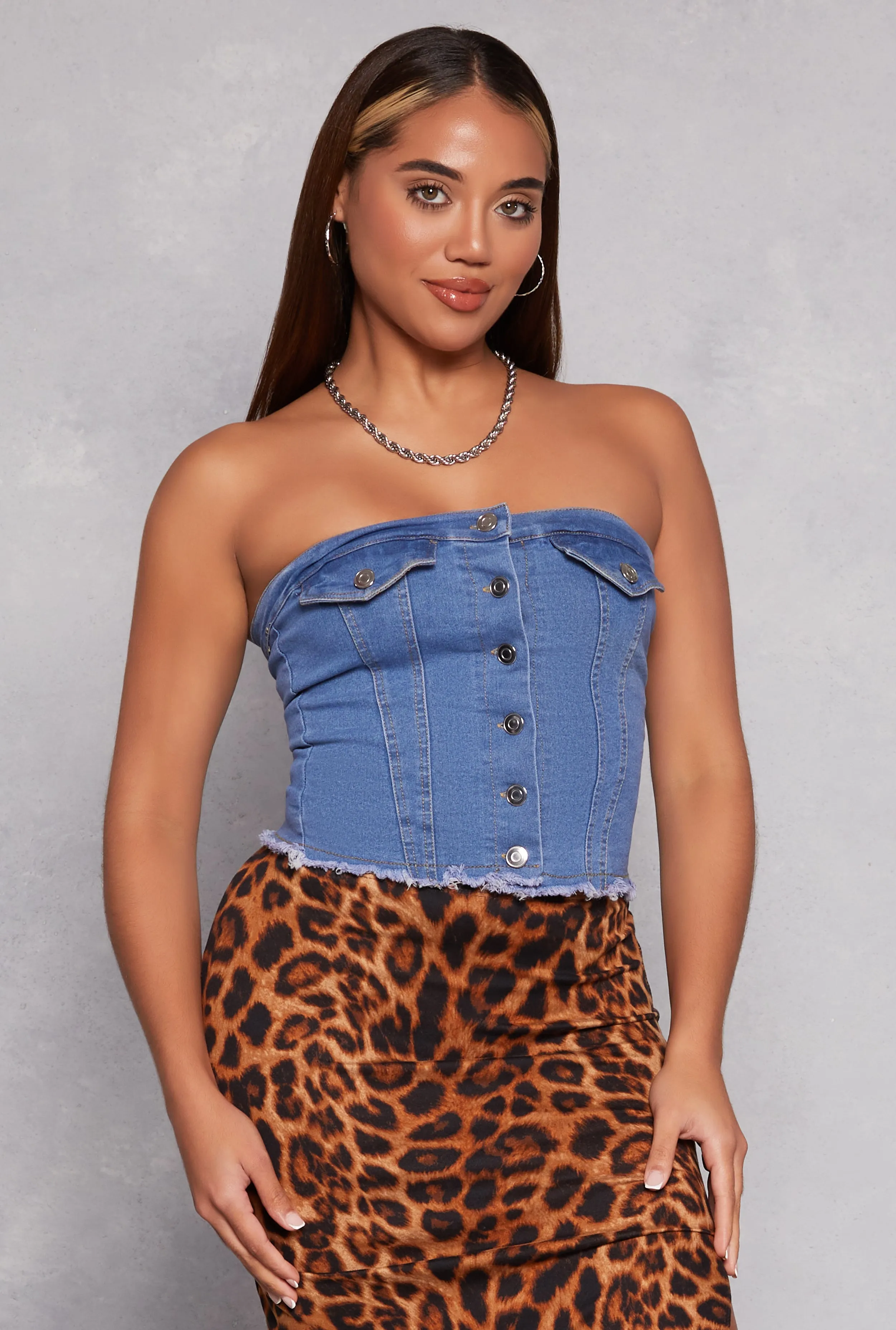 Denim Button Front Frayed Hem Tube Top sold by Rainbow