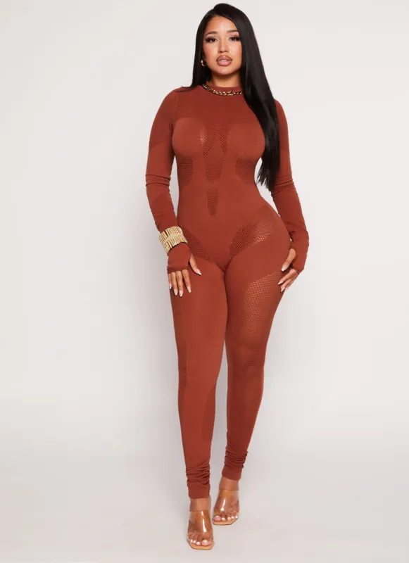 Seamless Ribbed Fishnet Detail Long Sleeve Jumpsuit sold by Rainbow