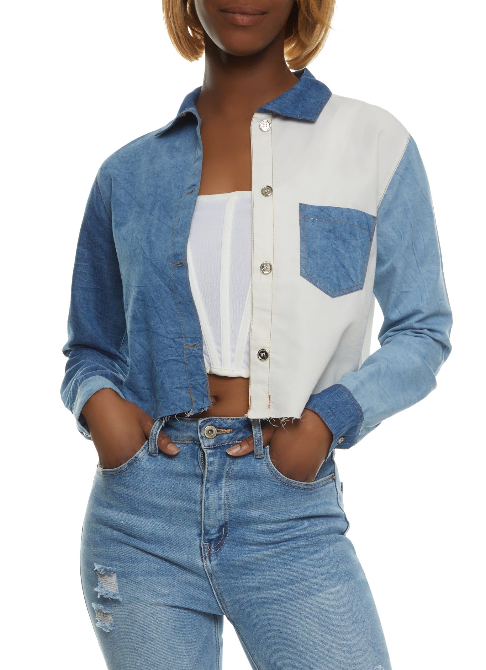 Color Block Frayed Hem Cropped Shirt sold by Rainbow