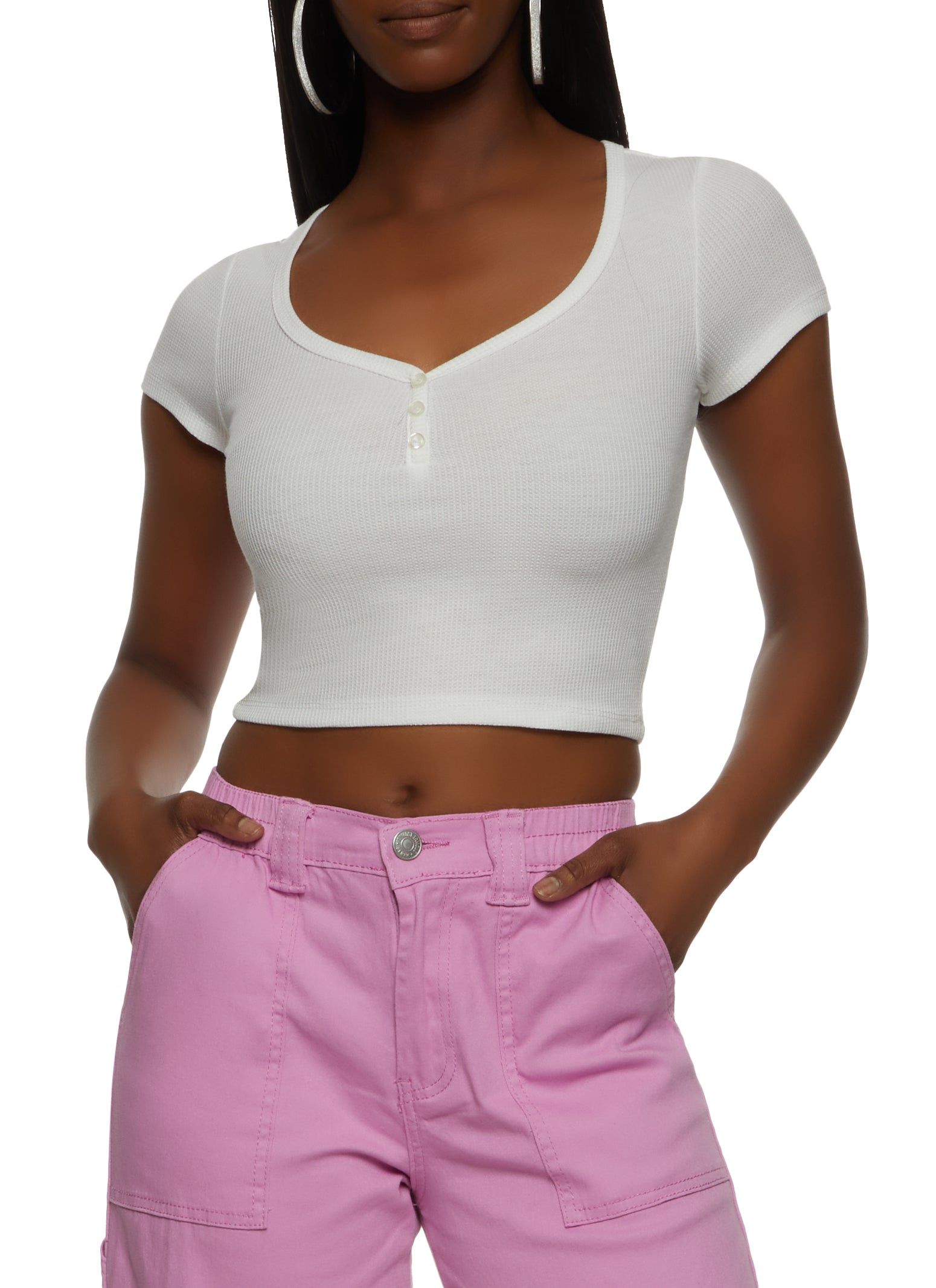 Textured Short Sleeve Cropped Henley Tee sold by Rainbow