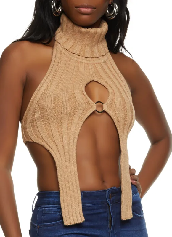 Rib Knit Turtleneck Keyhole Halter Top sold by Rainbow
