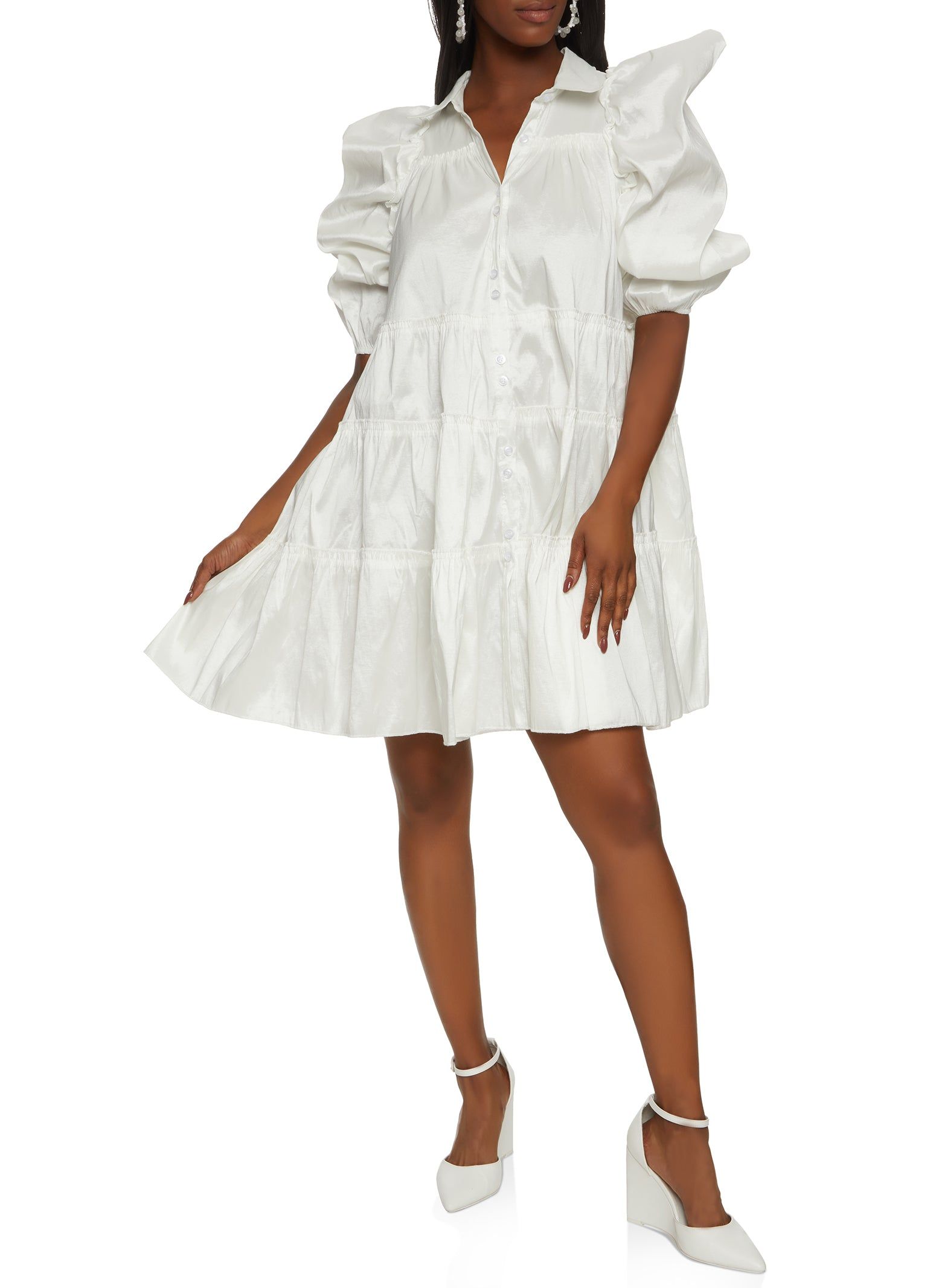 Puff Sleeve Tiered Mini Shirt Dress sold by Rainbow product image thumbnail 2
