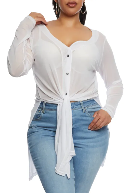 Plus Size Mesh Button Front Tunic Shirt sold by Rainbow
