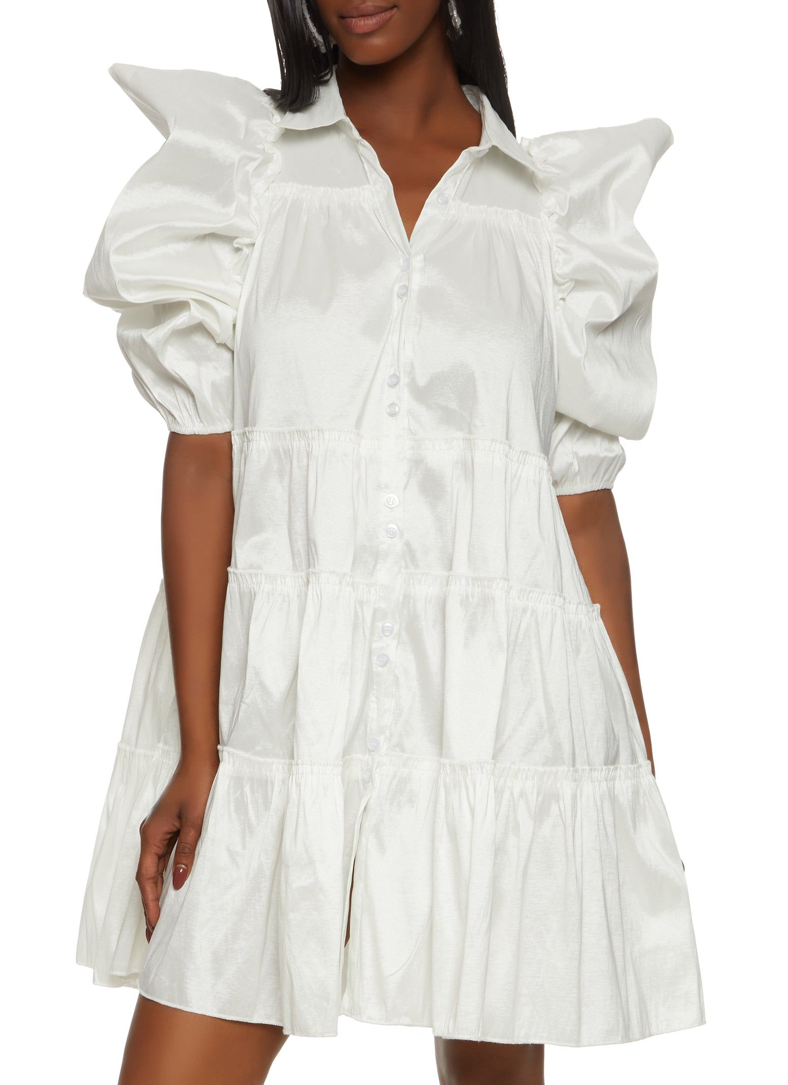 Puff Sleeve Tiered Mini Shirt Dress sold by Rainbow
