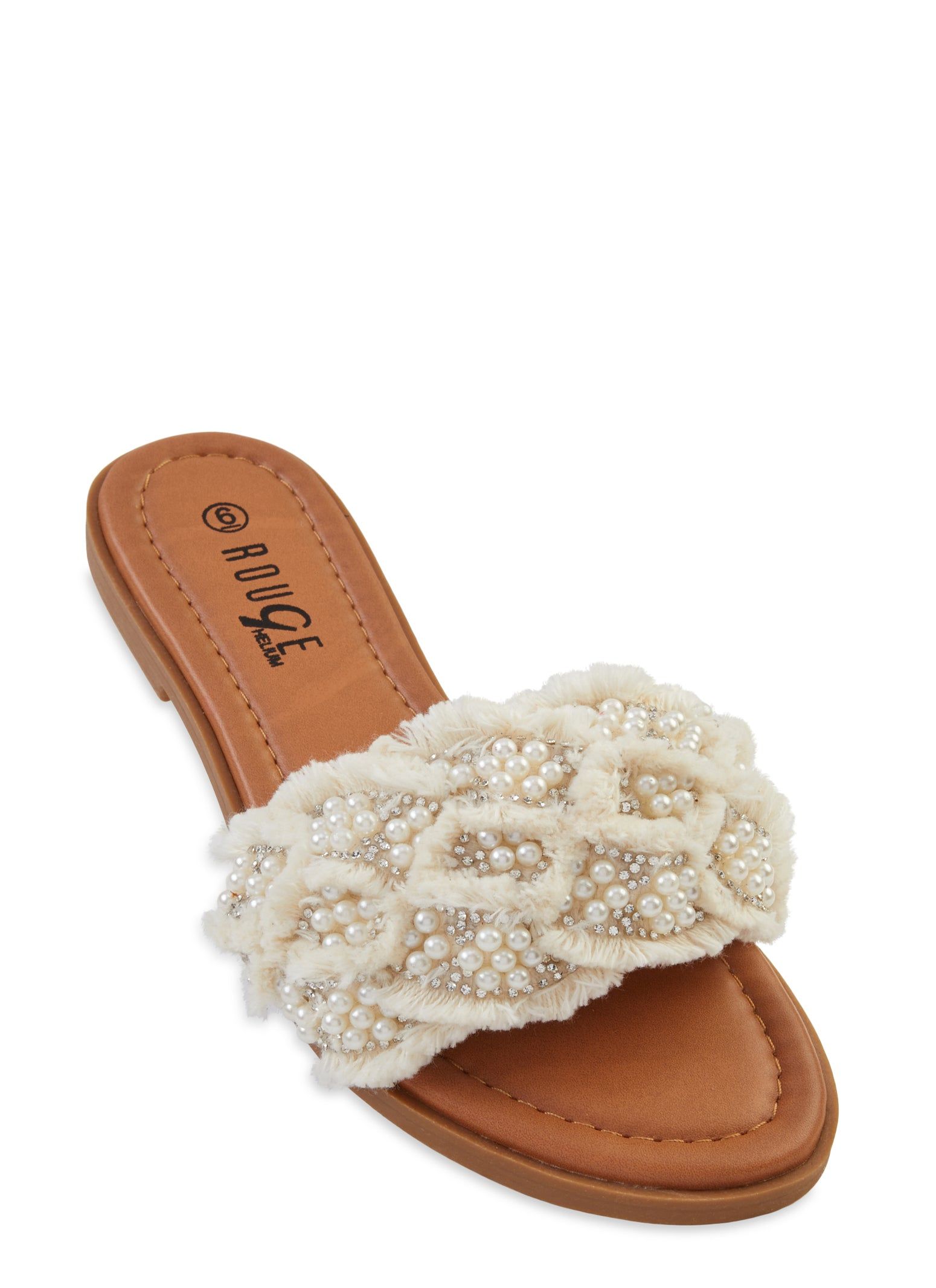 Faux Pearl Rhinestone Frayed Band Slide Sandals sold by Rainbow