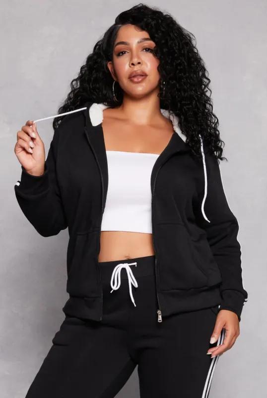 Plus Size Varsity Stripe Zip Front Sherpa Lined Hoodie sold by Rainbow
