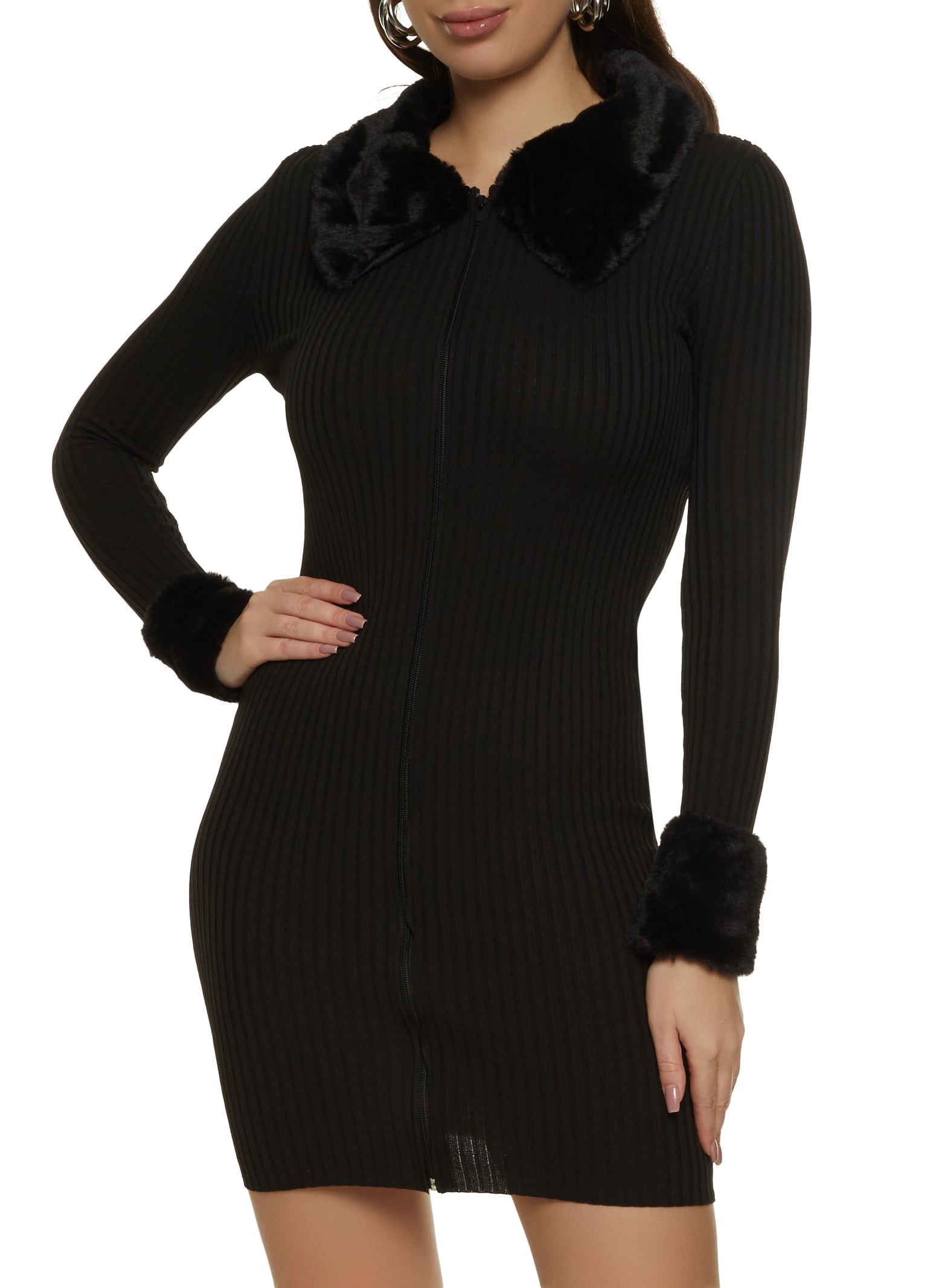 Faux Fur Trim Zip Front Sweater Dress sold by Rainbow