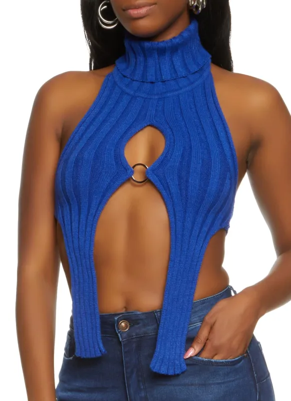 Rib Knit Turtleneck Keyhole Halter Top sold by Rainbow