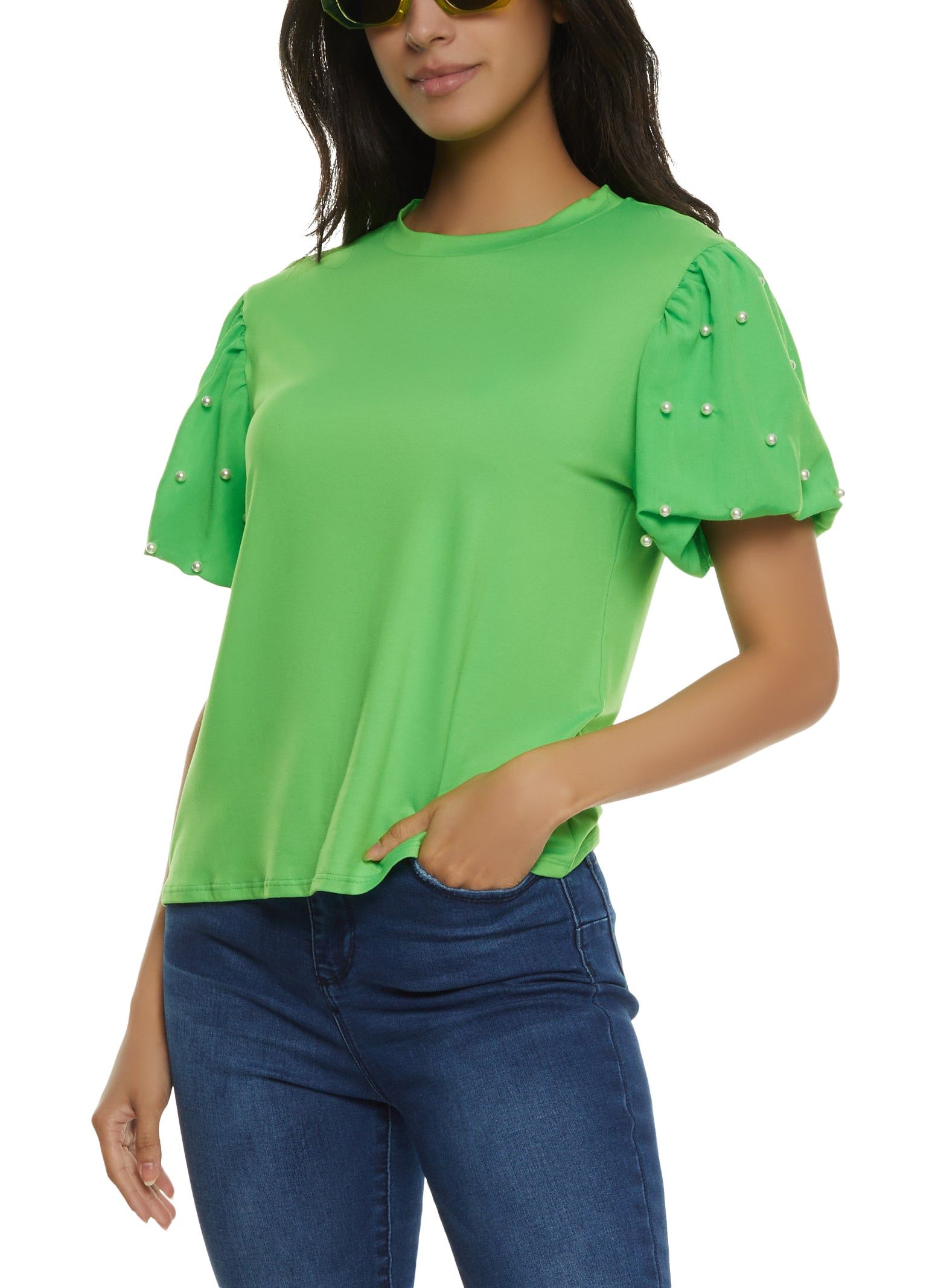 Faux Pearl Puff Sleeve Crew Neck Top sold by Rainbow
