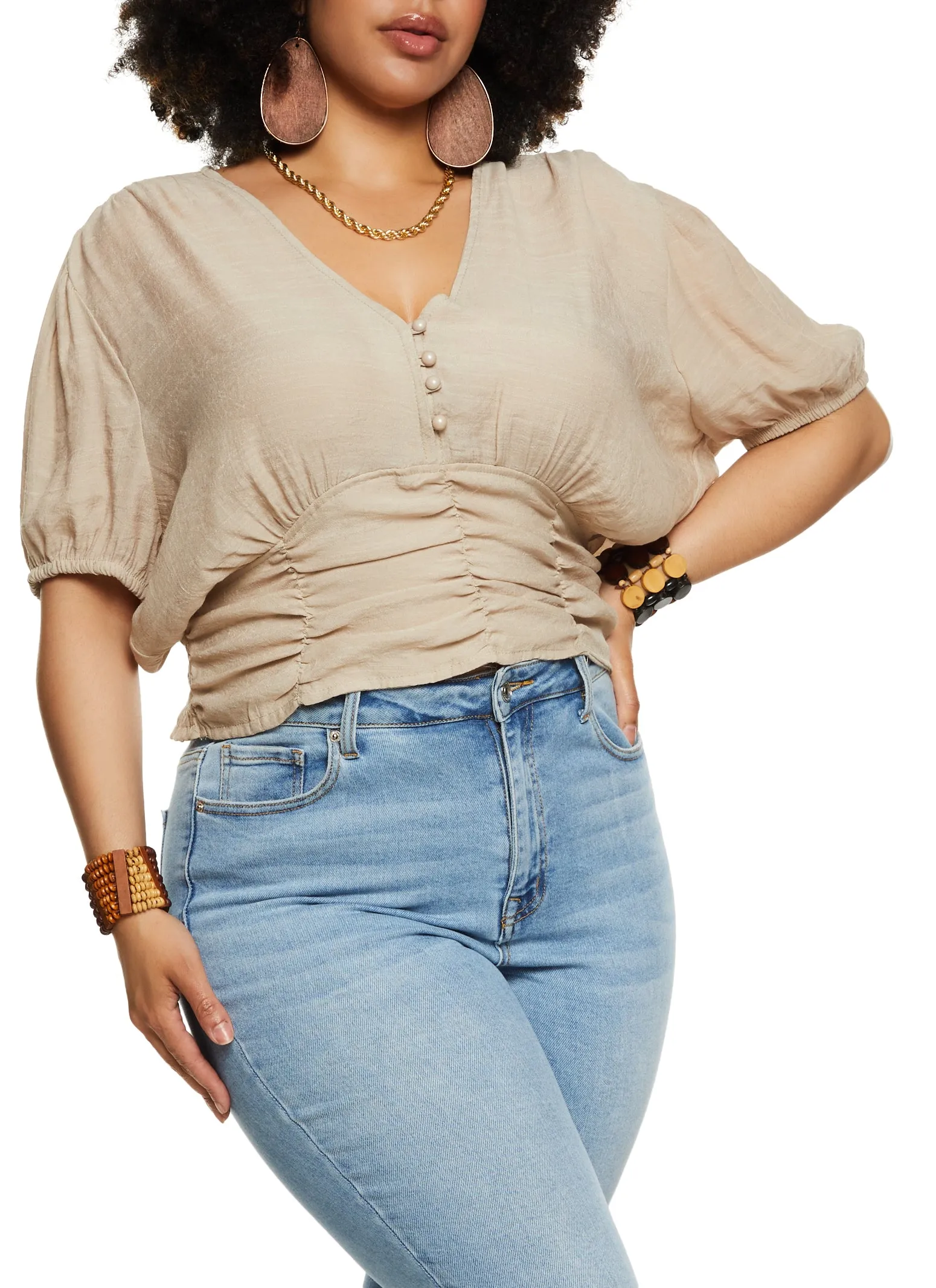 Plus Size Gauze Knit V Neck Ruched Peasant Top sold by Rainbow