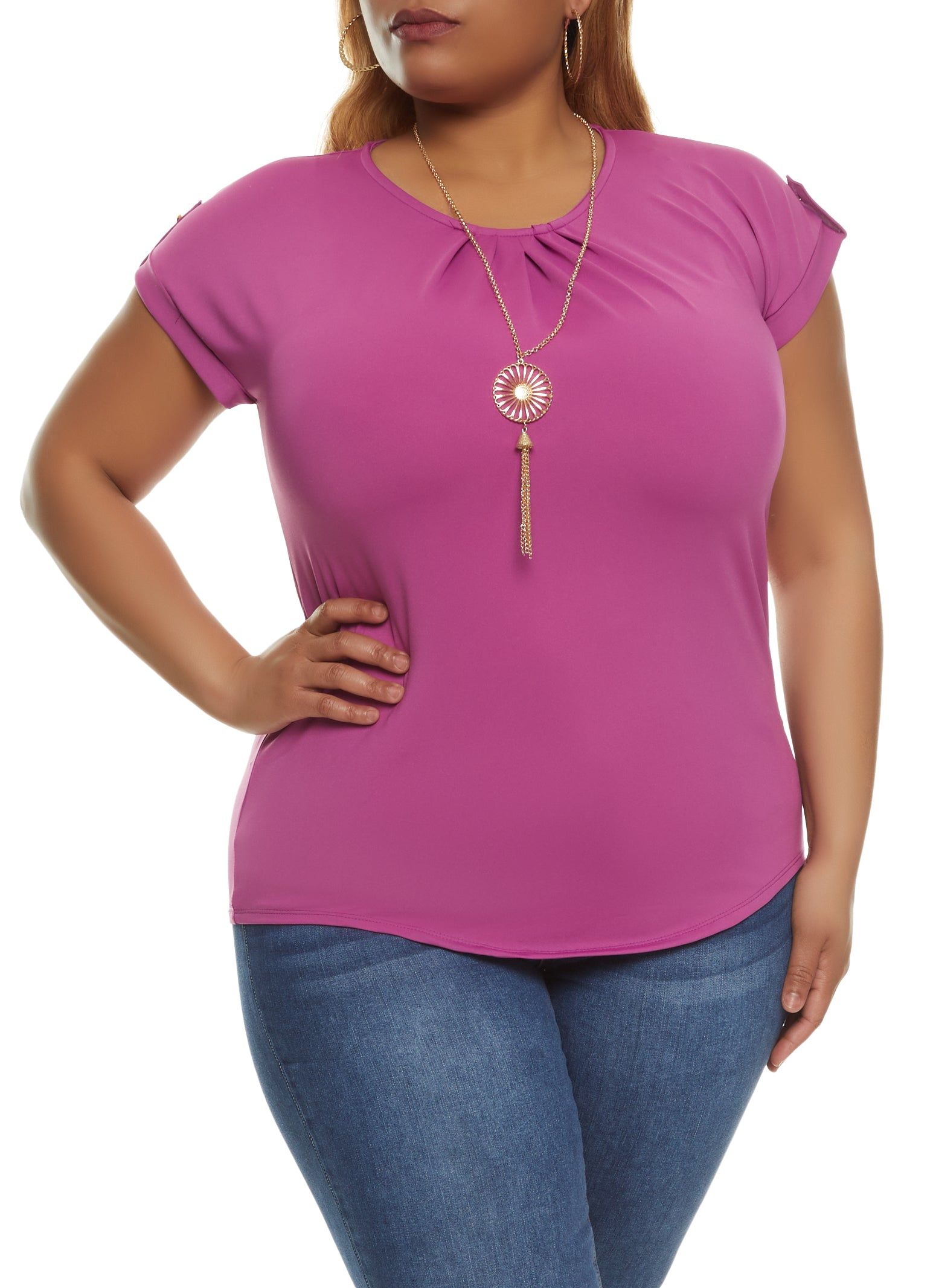 Plus Size Tabbed Short Sleeve Blouse with Necklace sold by Rainbow