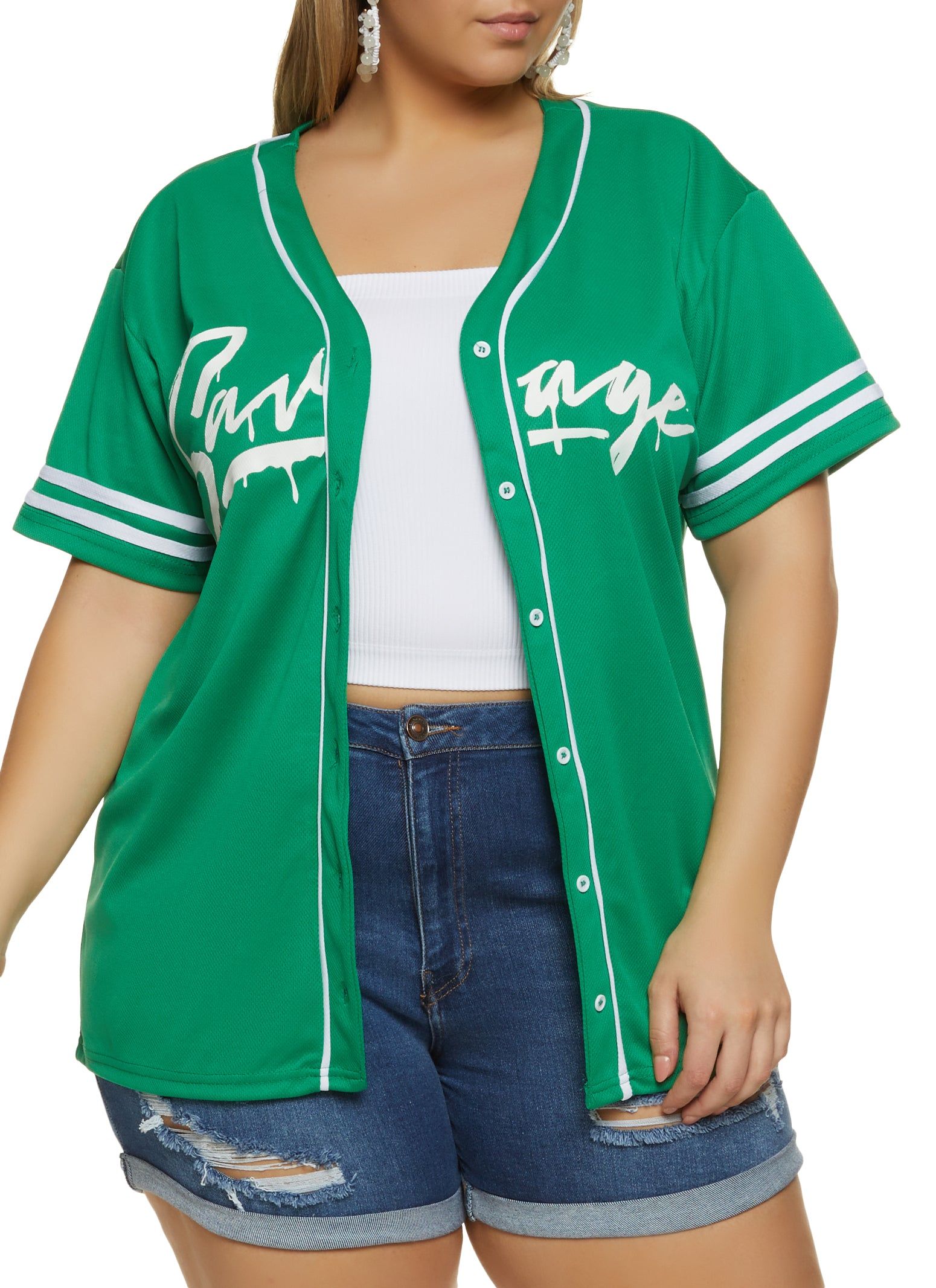 Plus Size Savage Button Front Mesh Baseball Tee sold by Rainbow