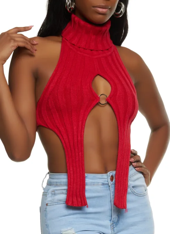 Rib Knit Turtleneck Keyhole Halter Top sold by Rainbow