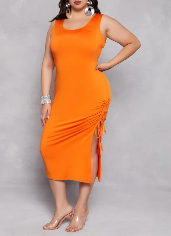 Plus Size Scoop Neck Ruched Side Maxi Tank Dress sold by Rainbow