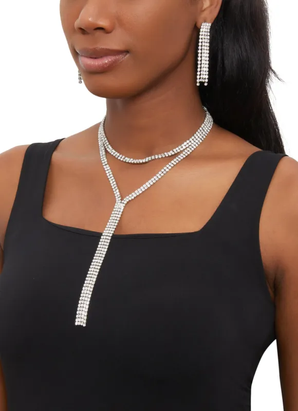Rhinestone Layered Choker Necklace and Fringe Tassel Earrings Set sold by Rainbow
