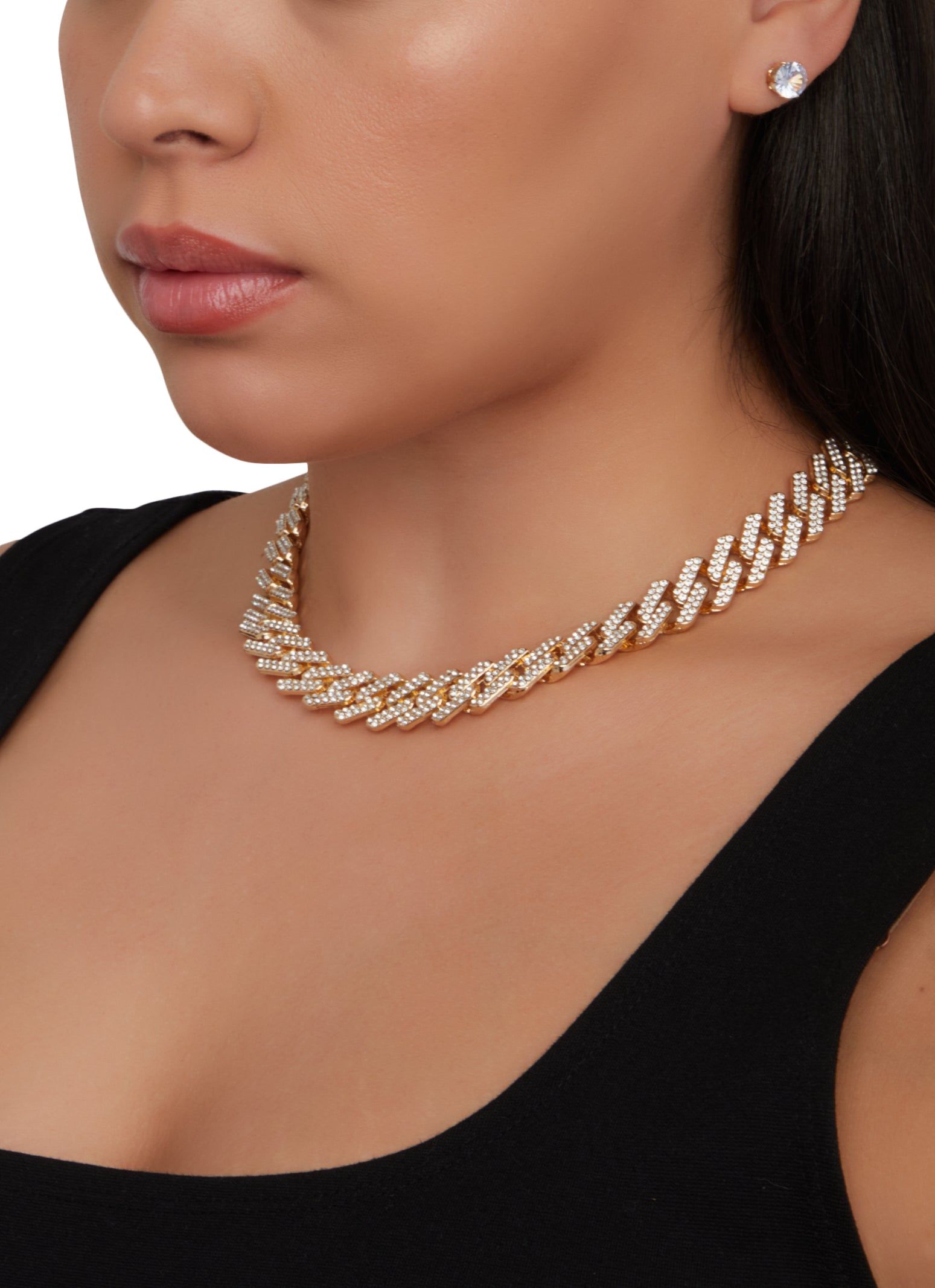 Rhinestone Cuban Link Chain Necklace and Stud Earrings sold by Rainbow